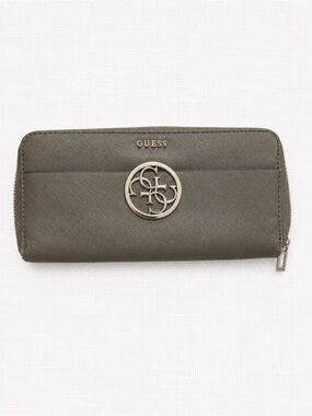 GUESS Grey Green Saffiano Zip Wallet with Logo Emblem